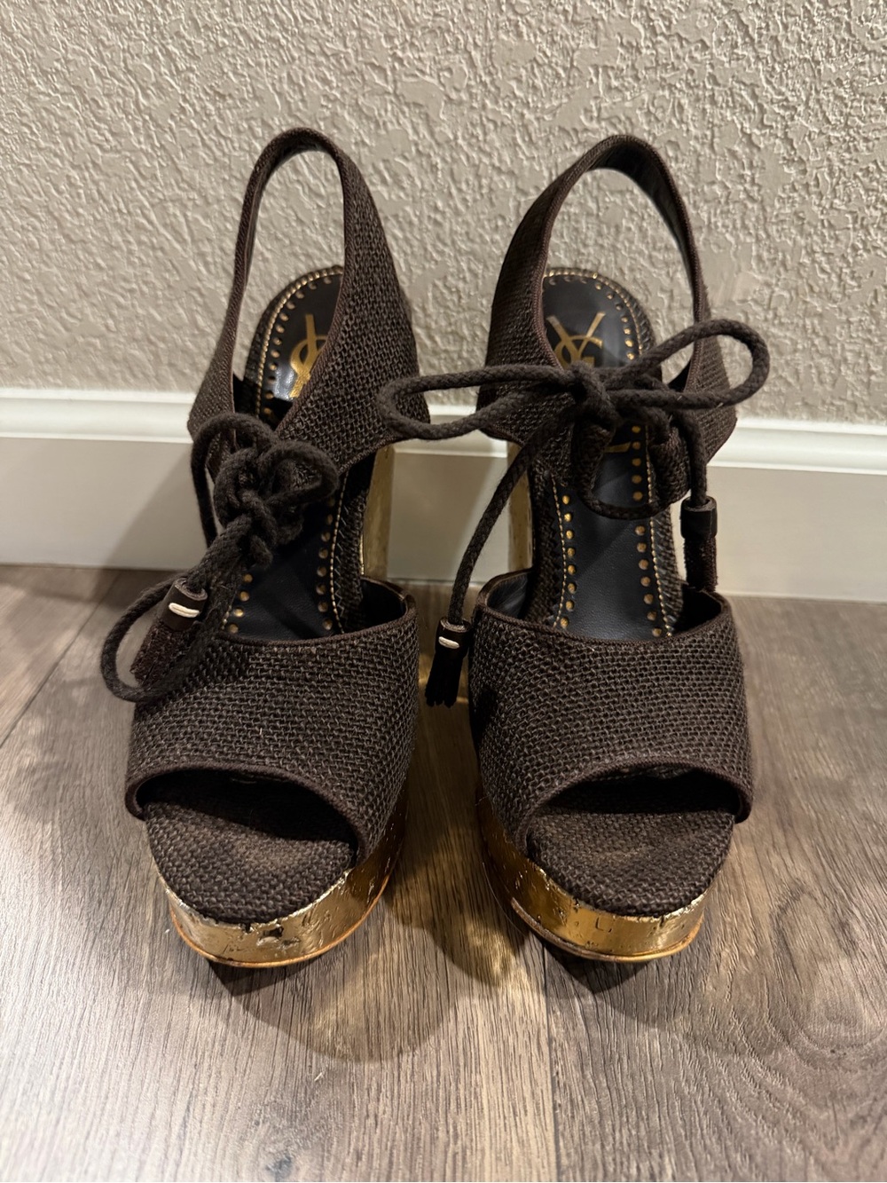 Yves Saint Laurent US Size 8 Brown Canvas Gold Cork Platform Wedge Sandals YSL